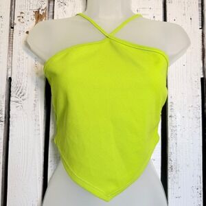 Y2K Saints 21 Neon Lime Green Halter Crop Top Jr L Handkerchief Festival Rave